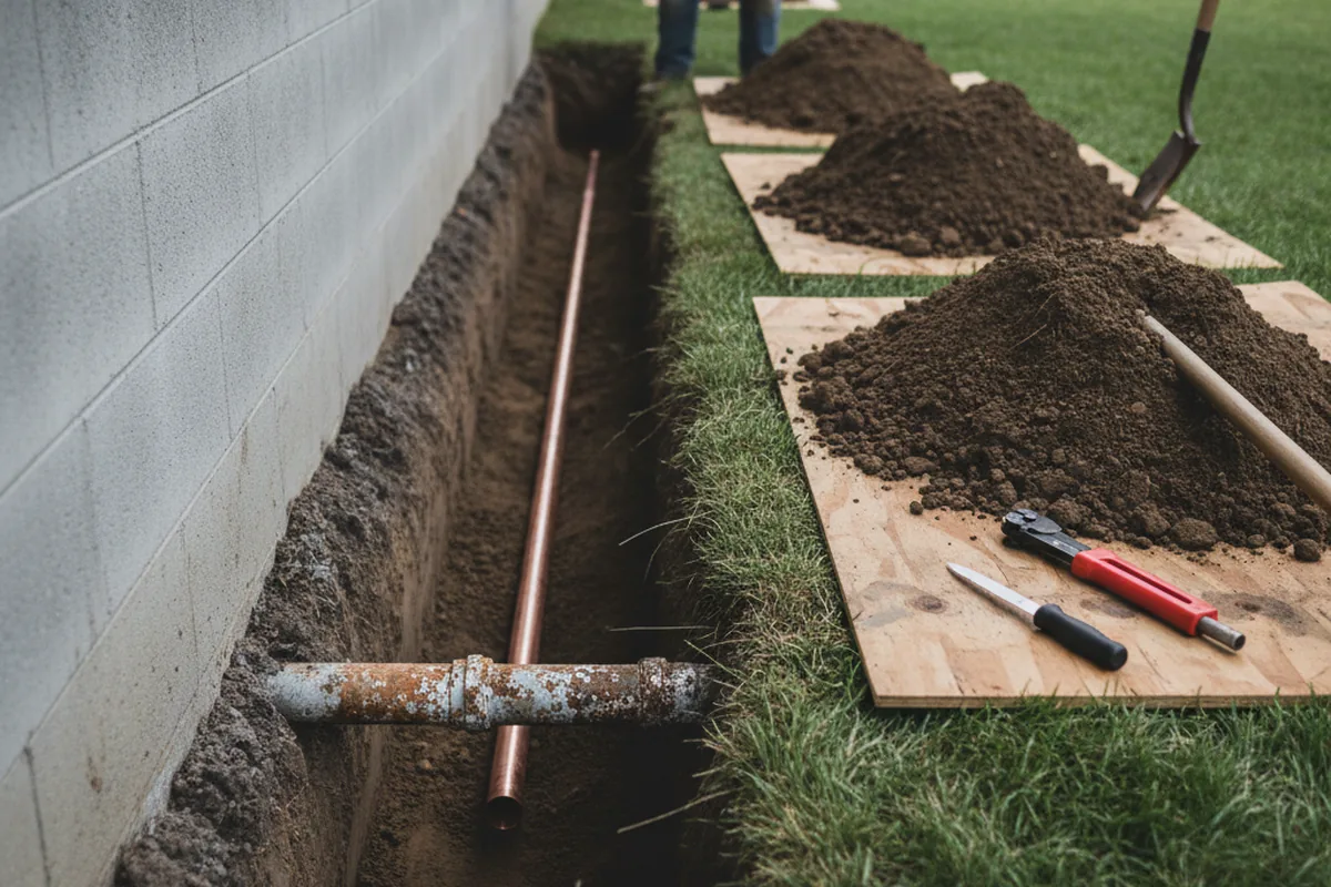 Excavated water line trench during Water Softener Installation in North Norwich